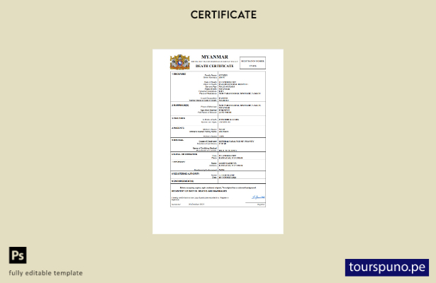 listo para imprimir plantilla de Word y PDF del certificado de defunción de Myan